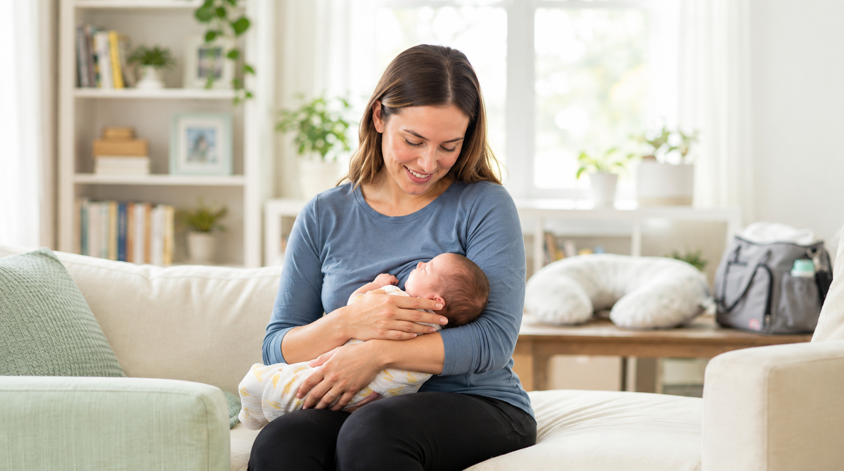 A mother smiles as she holds her newborn